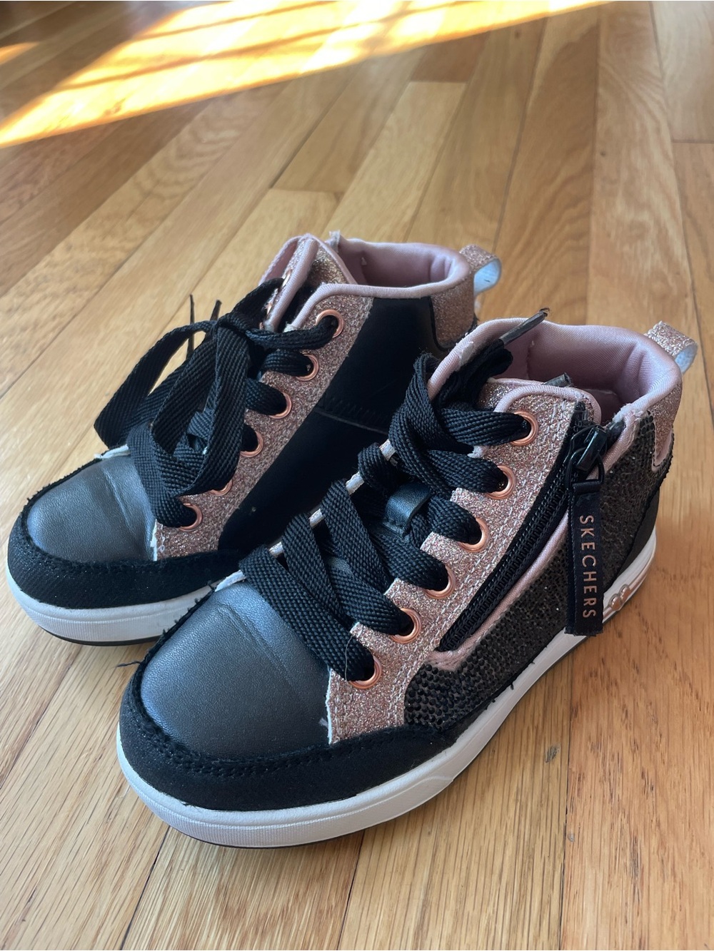 Skechers Kids Black and Pink Glitter High-Top Sneakers